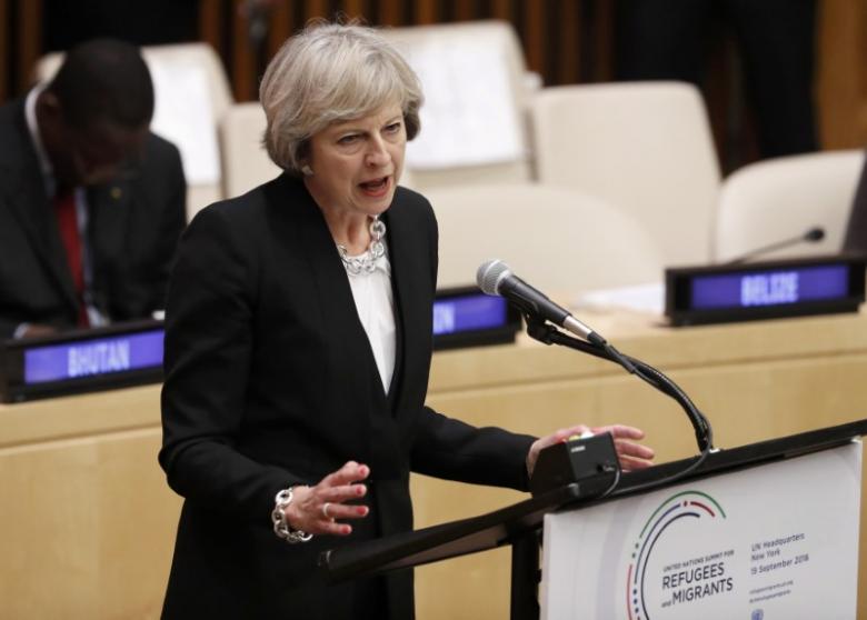 britain 039 s prime minister theresa may speaks during a high level meeting on addressing large movements of refugees and migrants at the united nations general assembly in manhattan new york us photo reuters