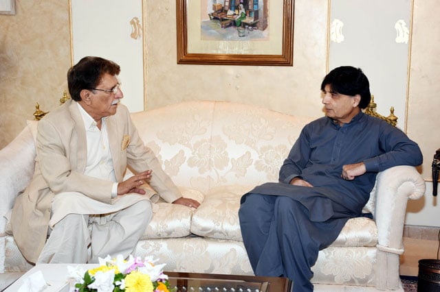 federal interior minister chaudhry nisar ali khan in a meeting with ajk prime minister raja muhammad farooq haider in islamabad on tuesday photo pid