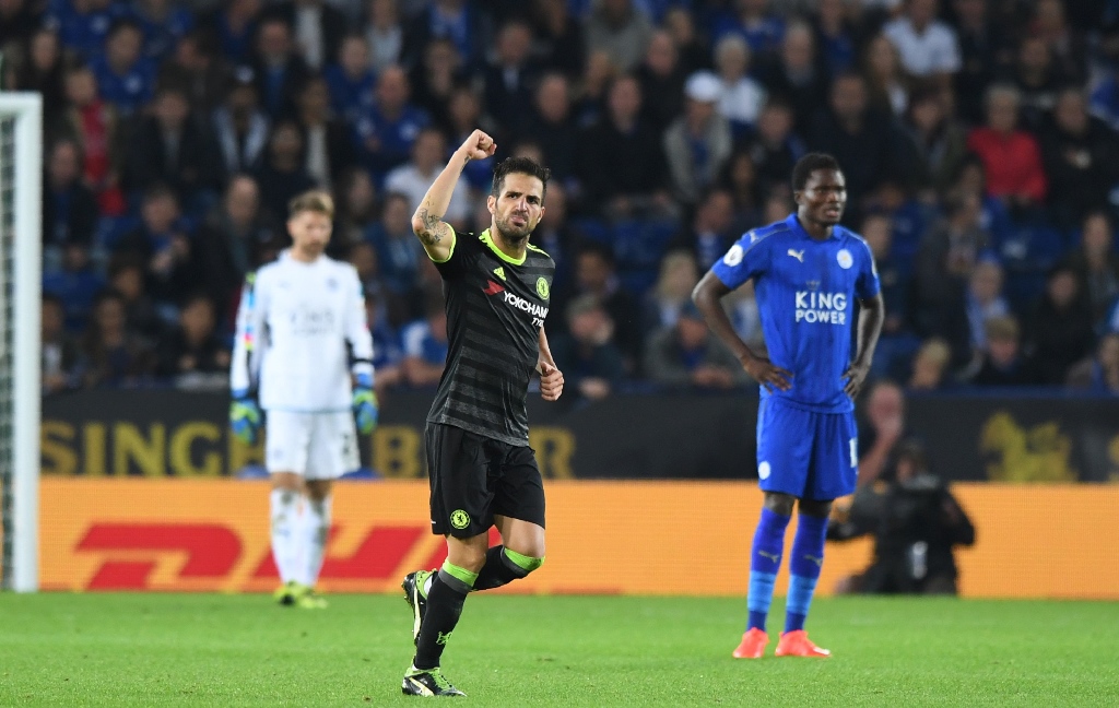 chelsea 039 s cesc fabregas celebrates scoring against leicester city at king power stadium in leicester on september 20 2016 photo afp