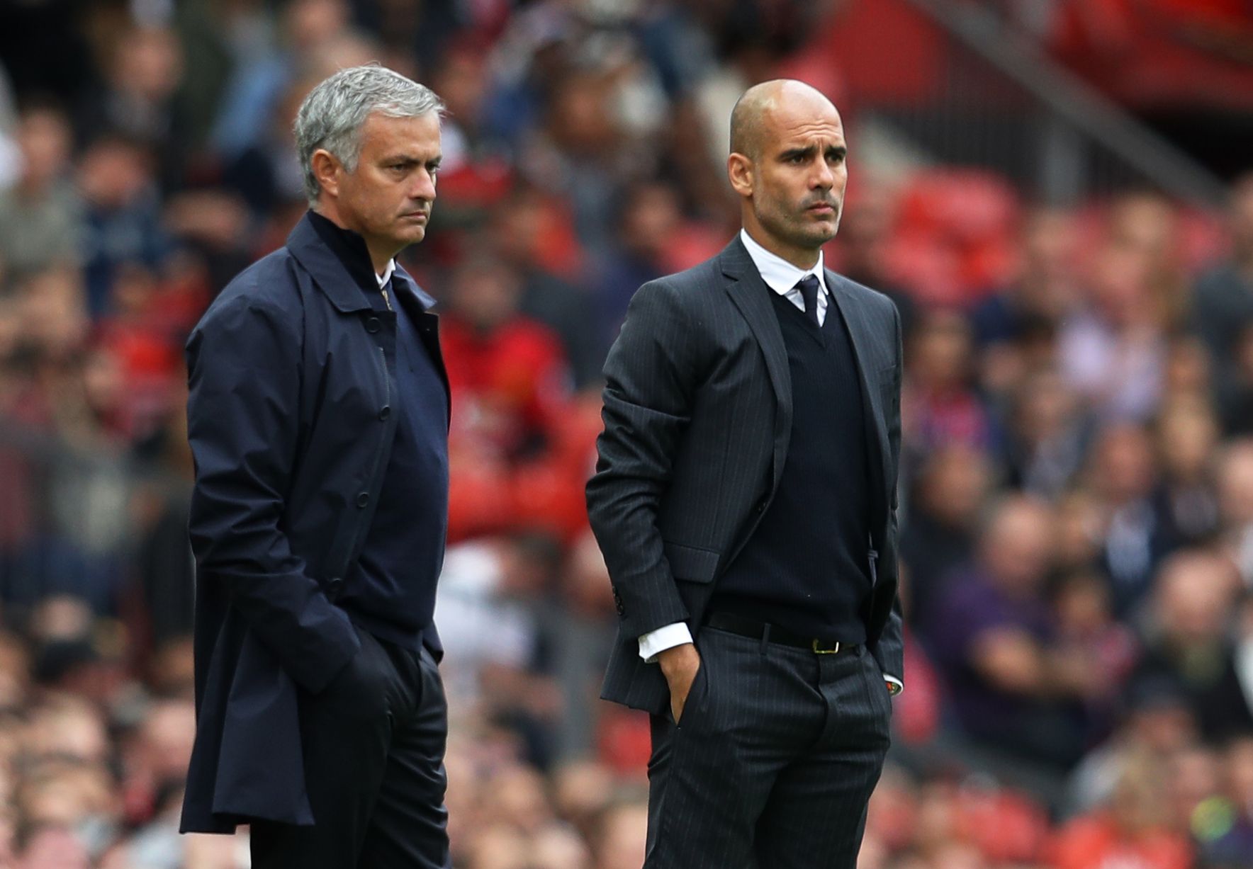 manchester united 039 s jose mourinho l standing next to manchester city 039 s pep guardiola photo reuters