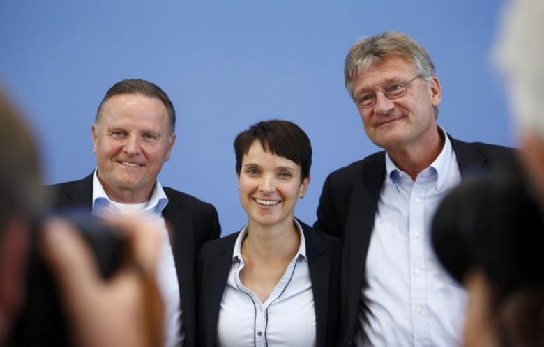 berlin top candidate of the anti immigration party alternative for germany afd georg pazderski afd germany co leaders frauke petri and joerg meuthen ltor pose after their news conference at the bundespressekonferenz in berlin germany photo reuters