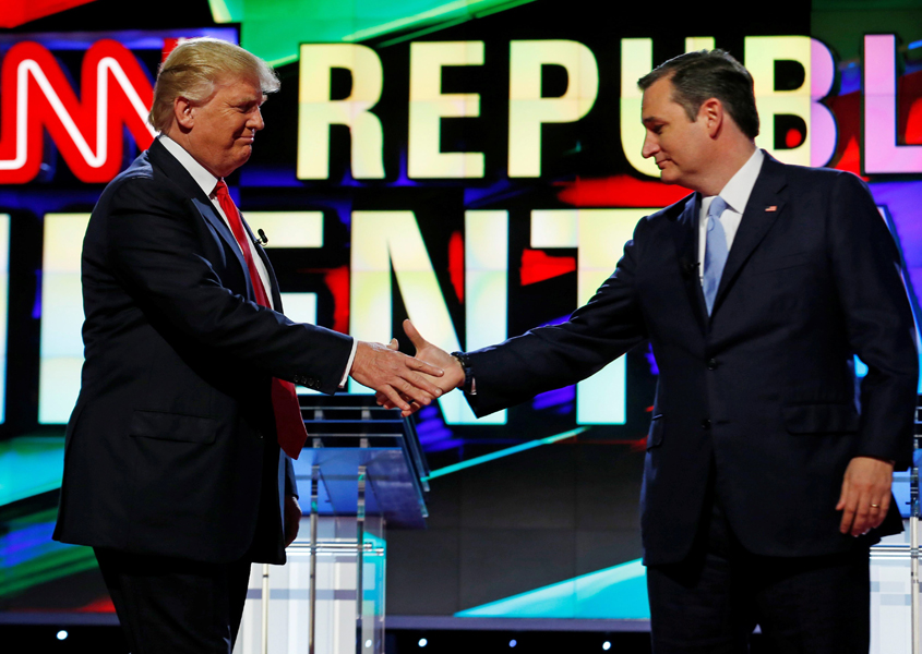 donald trump and ted cruz shake hands at the start of the republican candidates debate sponsored by cnn at the university of miami in miami florida march 10 2016 photo reuters