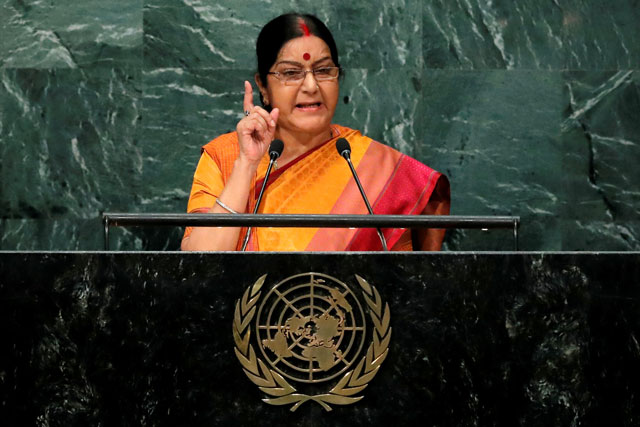india 039 s minister of external affairs sushma swaraj addresses the united nations general assembly in the manhattan borough of new york us september 26 2016 photo photo reuters
