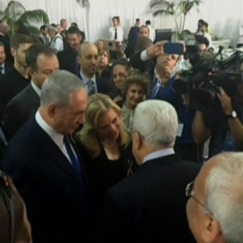 prime minister benjamin netanyahu and palestinian authority president mahmoud abbas speak at the funeral of shimon peres in jerusalem on september 30 2016 photo channel 2 screen grab prime minister benjamin netanyahu and palestinian authority president mahmoud abbas speak at the funeral of shimon peres in jerusalem on september 30 2016 photo channel 2 screen grab
