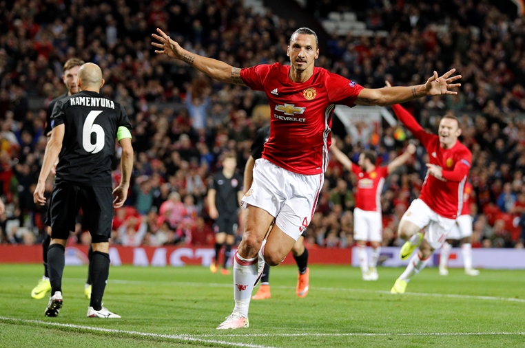 manchester united 039 s zlatan ibrahimovic celebrates scoring their first goal against fc zorya at old trafford on september 29 2016 photo reuters