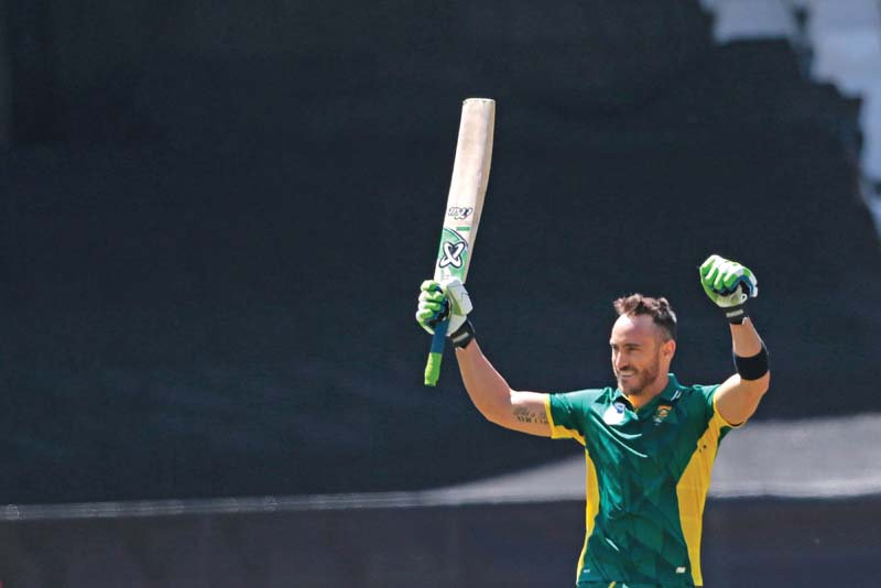 south africa captain faf du plessis celebrates after scoring a century during his team s 142 run win over australia in the second odi photo afp