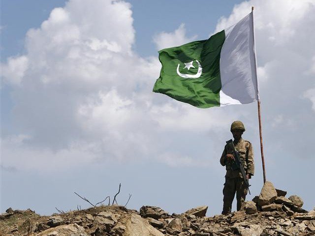 a soldier stands next to a pakistani flag photo reuters