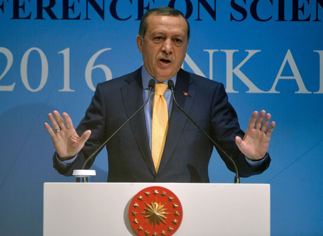 turkish president recep tayyip erdogan delivers a speech during the international conference on science and technology organised by new turkey strategic research center in ankara on october 3 2016 photo afp