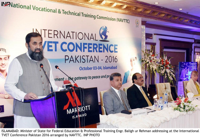 minister of state for education and professional training baligh ur rehman addressing at the internation tvet conference pakistan 2016 arranged by navttc photo inp minister of state for education and professional training baligh ur rehman addressing at the internation tvet conference pakistan 2016 arranged by navttc photo inp