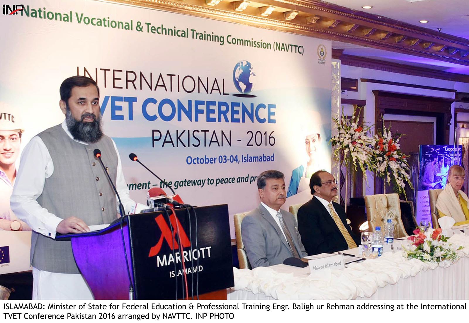 minister of state for education and professional training baligh ur rehman addressing at the internation tvet conference pakistan 2016 arranged by navttc photo inp