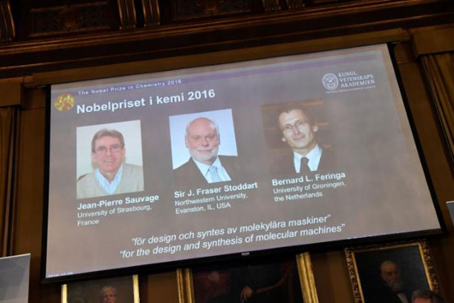 pictures of the winners of the 2016 nobel chemistry prize jean pierre sauvage j fraser stoddart and bernard l feringa are displayed on a screen during a news conference by the royal swedish academy of sciences in stockholm sweden october 5 2016 photo reuters