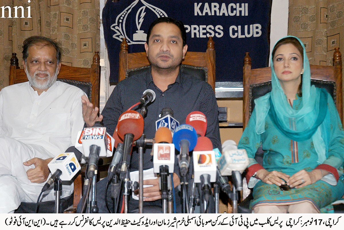 pti leader khurram sherzaman along addresses a press conference at karachi press club on monday november 17 2014 photo nni