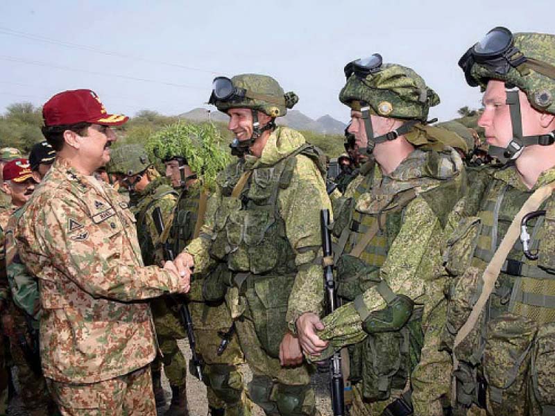 gen raheel sharif greets russian troops during his visit to the field area near attock photo app