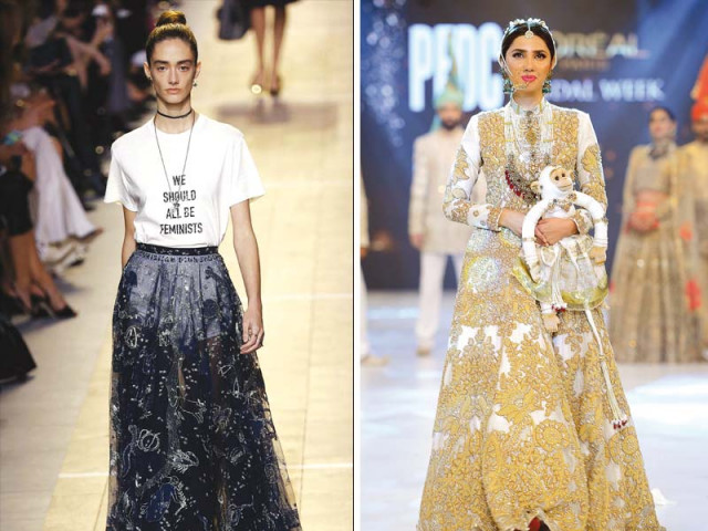 while a model walked for dior in a white t shirt that read we should all be feminists mahira khan graced the ramp in an ali xeeshan number with a monkey in her hand photo courtesy dragonfly while a model walked for dior in a white t shirt that read we should all be feminists mahira khan graced the ramp in an ali xeeshan number with a monkey in her hand photo courtesy dragonfly
