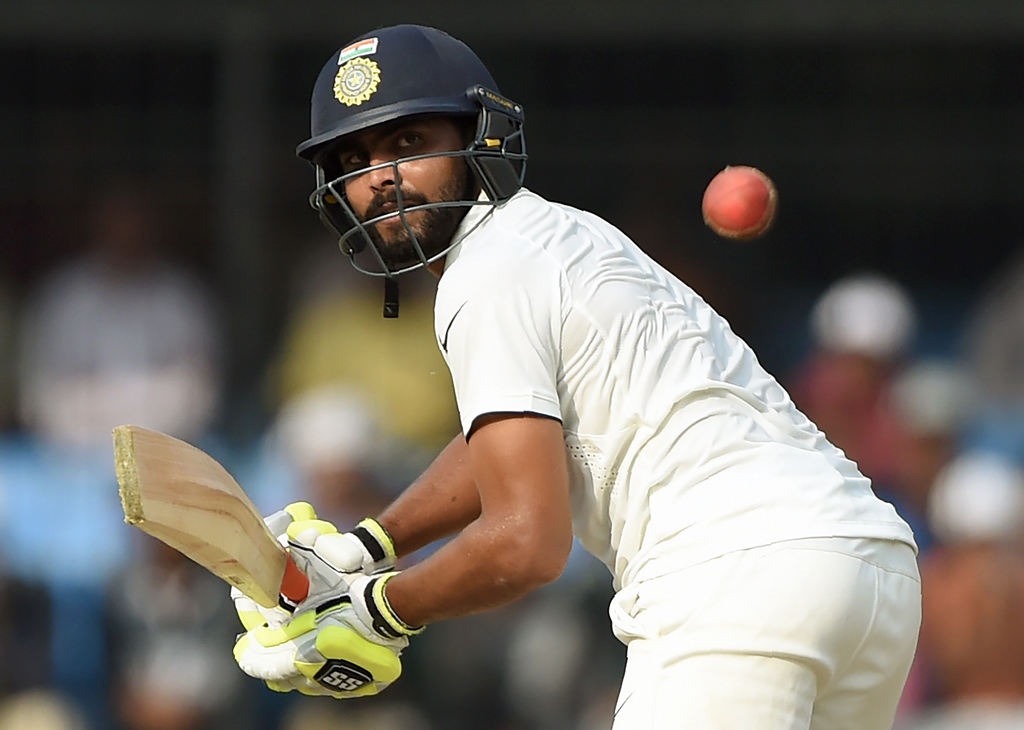 ravindra jadeja plays a shot at the holkar cricket stadium in indore on october 9 2016 photo afp