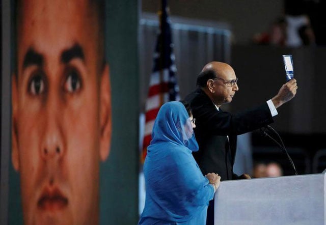 khizr khan whose son humayun l was killed serving in the us army challenges republican presidential nominee donald trump to read his copy of the us constitution at the democratic national convention in philadelphia pennsylvania us july 28 2016 photo reuters