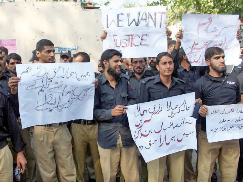 sacked policemen of azad jammu and kashmir hold a protest in favour of their demands in muzaffarabad photo express