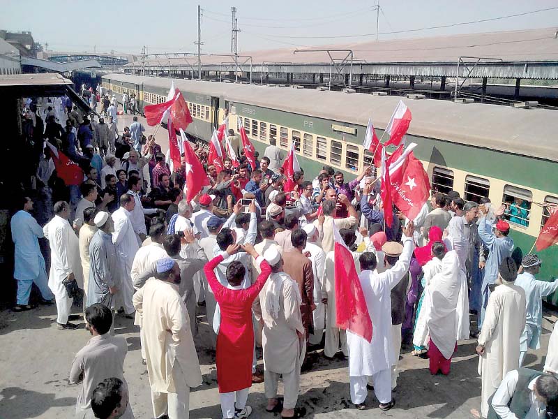 activists of the awami workers party in rawalpindi join their comrades from other parts of the country for an anti war train march to karachi photo express