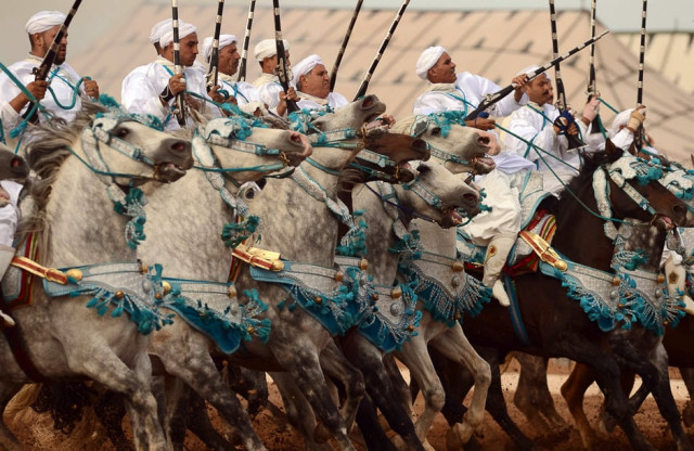 moroccan horsemen perform during the 9th edition of the quot salon du cheval quot in the port city of el jadida photo afp