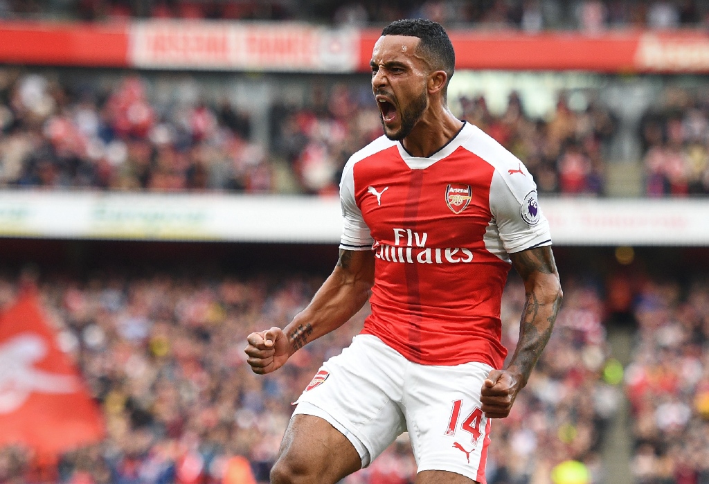 arsenal 039 s theo walcott celebrates after scoring their second goal at the emirates stadium on october 15 2016 photo afp