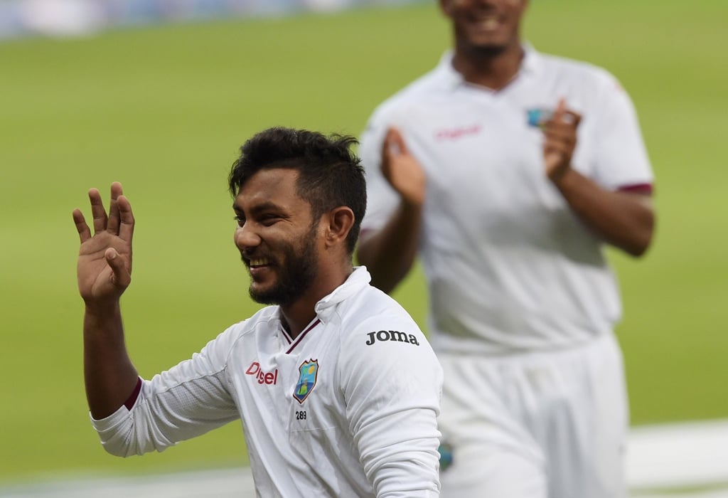 west indies 039 spinner devendra bishoo celebrates after he took his eighth wicket photo afp