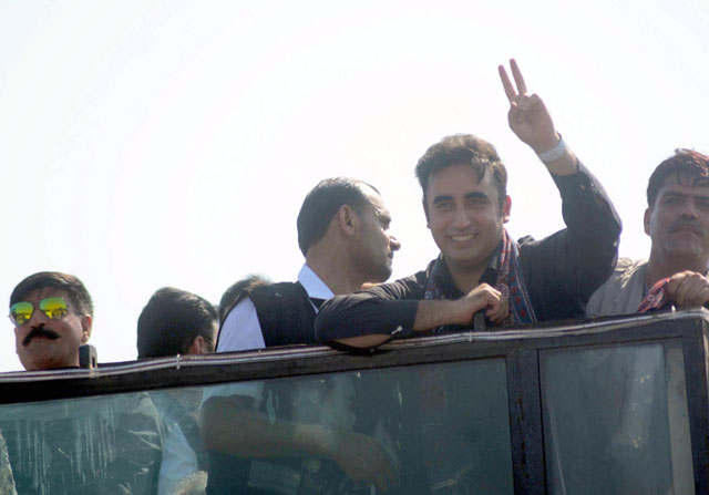 pakistan peoples party chairman bilawal bhutto zardari waves to his supporters during a party rally in karachi on sunday october 16 2016 photo rashid ajmeri express