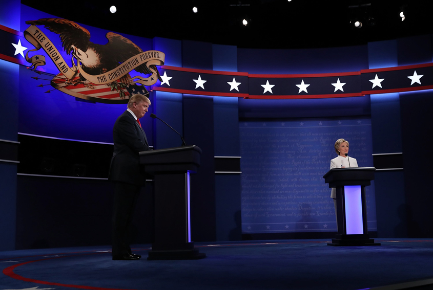 republican presidential nominee donald trump l and democratic presidential nominee former secretary of state hillary clinton look on during the third us presidential debate at the thomas amp mack center on october 19 2016 in las vegas nevada photo afp