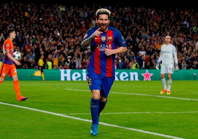 barcelona 039 s lionel messi celebrates scoring their third goal to complete his hat trick against manchester city on october 19 2016 photo reuters barcelona 039 s lionel messi celebrates scoring their third goal to complete his hat trick against manchester city on october 19 2016 photo reuters
