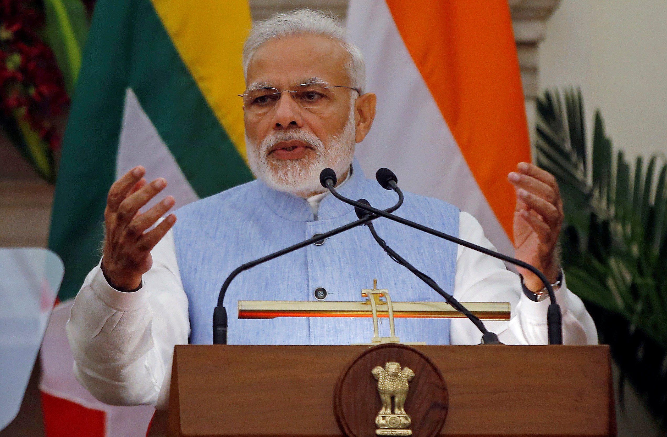 india 039 s prime minister narendra modi gestures as he reads a joint statement with myanmar 039 s state counsellor aung san suu kyi not pictured at hyderabad house in new delhi india october 19 2016 reuters adnan abidi