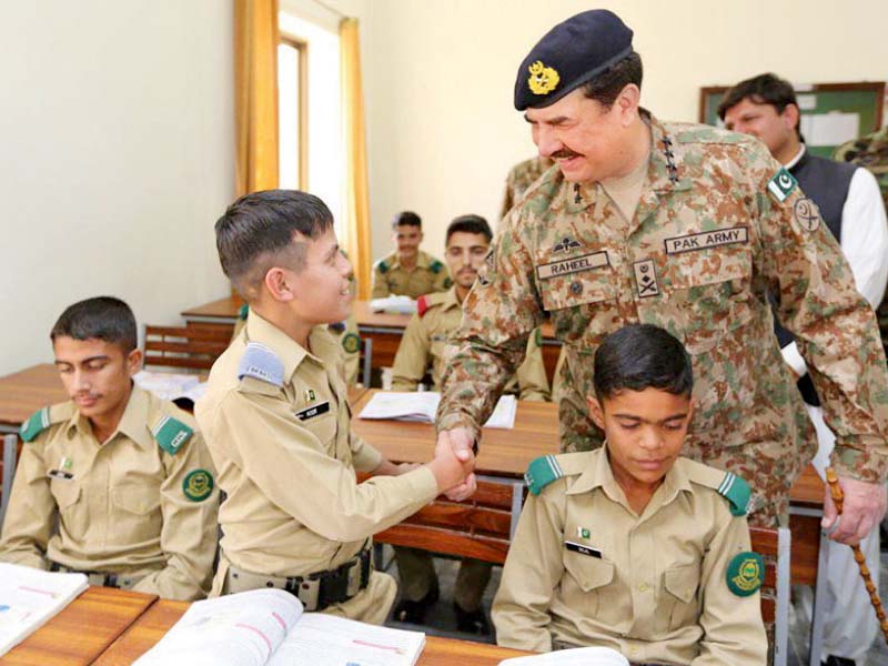 army chief general raheel meets a cadet during his visit to cadet college spinkai in south waziristan photo inp