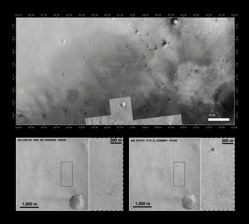 this handout picture released on october 21 2016 by the european space agency shows the landing site of the schiaparelli module within the predicted landing ellipse in a mosaic of images up and a pair of before and after images down from the context camera ctx on nasa 039 s mars reconnaissance orbiter and the thermal emission imaging system themis on nasa 039 s 2001 mars odyssey orbiter photo afp