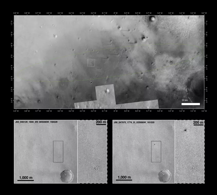 this handout picture released on october 21 2016 by the european space agency shows the landing site of the schiaparelli module within the predicted landing ellipse in a mosaic of images up and a pair of before and after images down from the context camera ctx on nasa 039 s mars reconnaissance orbiter and the thermal emission imaging system themis on nasa 039 s 2001 mars odyssey orbiter photo afp this handout picture released on october 21 2016 by the european space agency shows the landing site of the schiaparelli module within the predicted landing ellipse in a mosaic of images up and a pair of before and after images down from the context camera ctx on nasa 039 s mars reconnaissance orbiter and the thermal emission imaging system themis on nasa 039 s 2001 mars odyssey orbiter photo afp