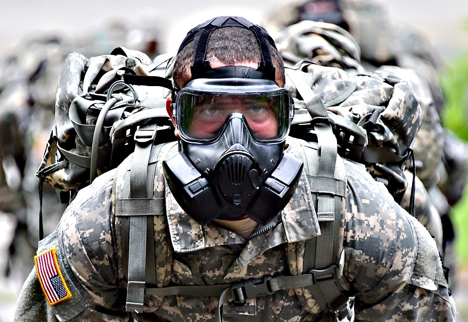 a us soldier wearing a gas mask photo afp
