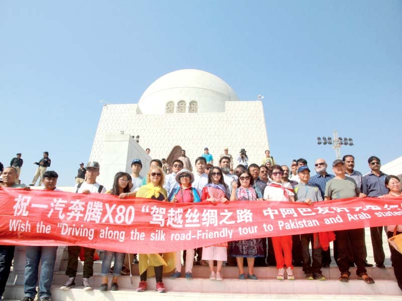 the china pakistan friendship car rally with 52 chinese participants reached quaid i azam s mausoleum on saturday photo athar khan express