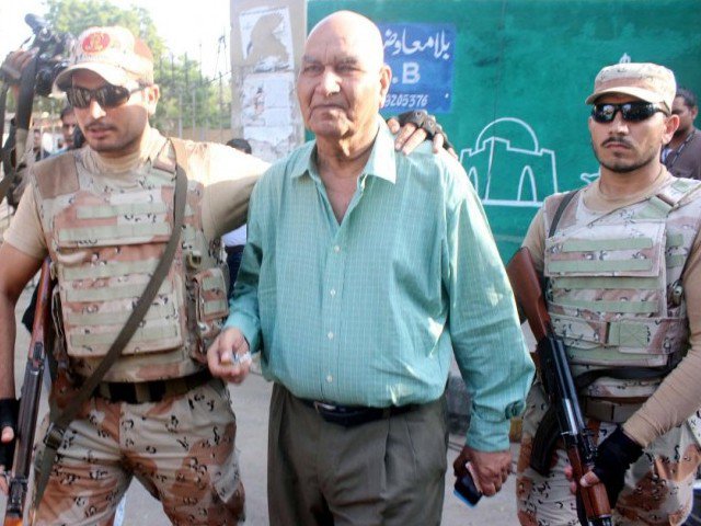 rangers personnel detain muttahida qaumi movement mqm london leader dr hasan zafar arif from outside the karachi press club on october 22 2016 photo ppi