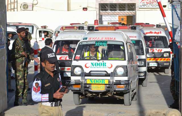 ambulances arrive to take the dead from the hospital to be buried after they were killed in an attack on a police training centre near quetta october 25 2016 photo reuters