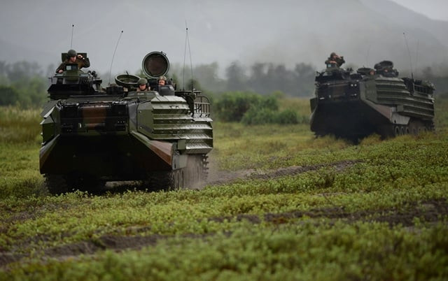 us marines amphibious assault vehicles aav taking part in the us philippines joint annual beach landing exercise on the shores facing the south china sea in san antonio town zambales province north of manila photo afp us marines amphibious assault vehicles aav taking part in the us philippines joint annual beach landing exercise on the shores facing the south china sea in san antonio town zambales province north of manila photo afp