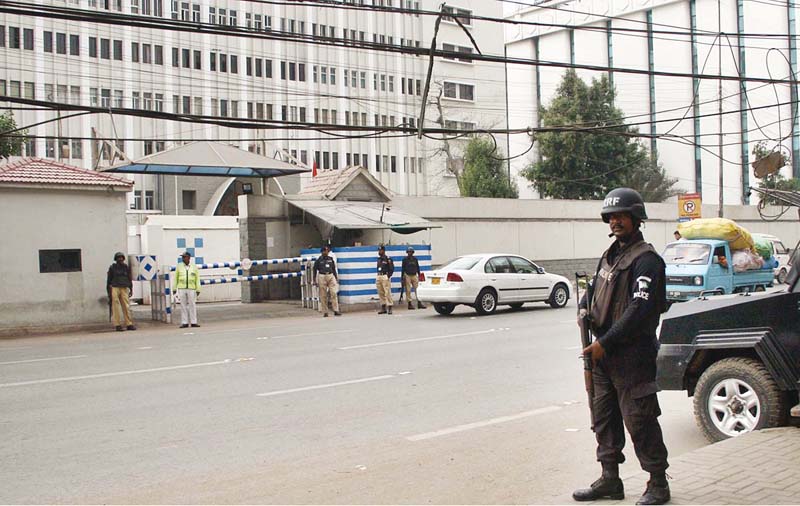 following the attack on a police training centre in quetta the sindh government has strengthened security measures outside central police office in karachi photo online