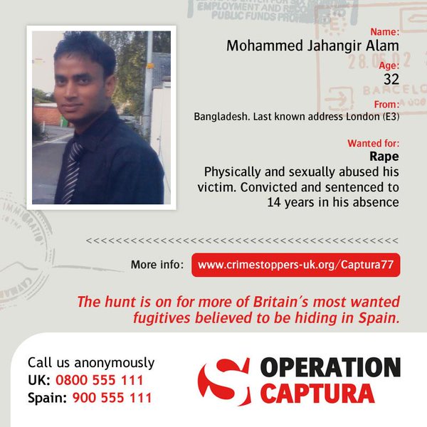 mohammed jahangir alam believed to be 32 was arrested as part of operation captura a joint campaign by spanish and british police to detain people in spain who are suspected of committing crimes in britain photo twitter crimestoppersuk