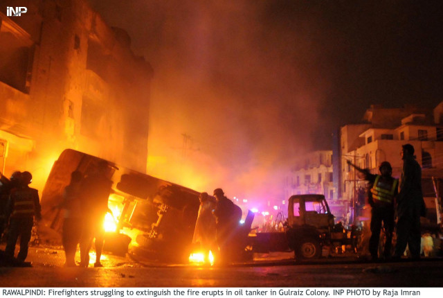 ssp operations irfan tariq said that the fire erupted in oil tanker after it slipped off the road photo inp