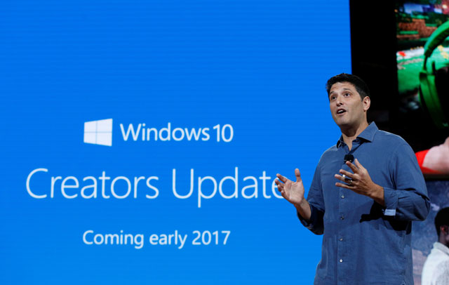 terry myerson microsoft executive vice president of the windows and devices group speaks about microsoft 039 s windows 10 quot creators update quot at a live microsoft event in the manhattan borough of new york city october 26 2016 photo reuters