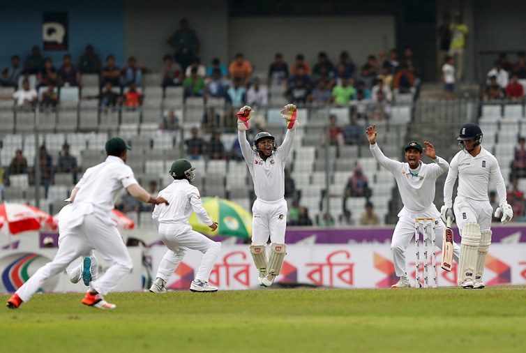 bangladesh 039 s players successfully appeal for the wicket of england 039 s ben duckett photo reuters