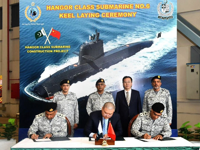officials of pakistan navy karachi shipyard and china shipbuilding offshore intl signing the milestone certificate during keel laying ceremony of the 6th hangor class submarine at karachi shipyard photo ispr