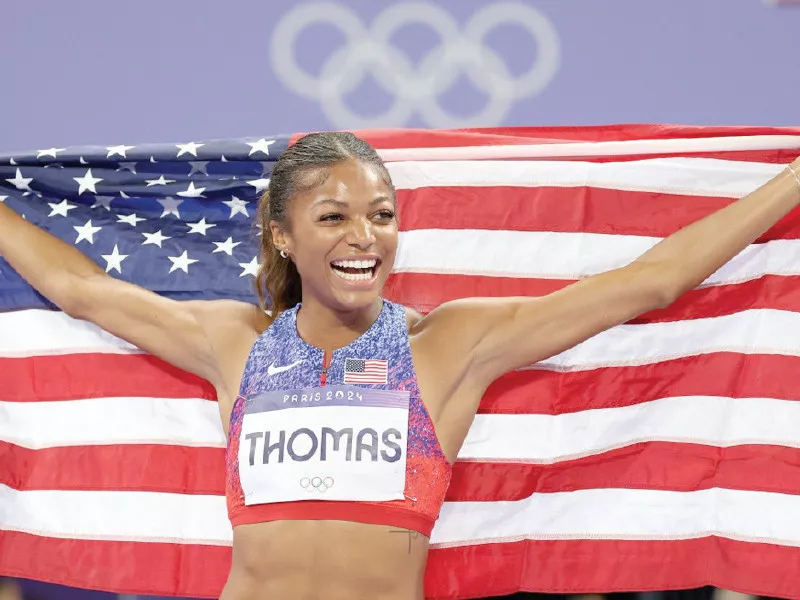 sprinter gabby thomas of the u s celebrates winning the gold medal after competing in the women s 200m final at stade de france photo afp sprinter gabby thomas of the u s celebrates winning the gold medal after competing in the women s 200m final at stade de france photo afp