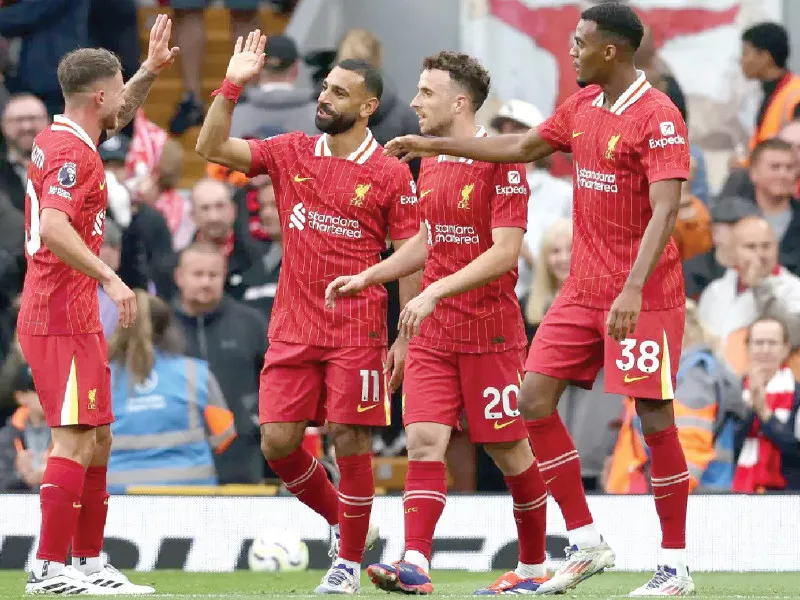 liverpool celebrate their goal against brentford at anfield photo afp liverpool celebrate their goal against brentford at anfield photo afp