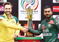 bangladesh captain mehidy hasan miraz r and australia captain josh inglis l ahead of the first of three odis photo afp