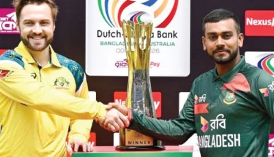 bangladesh captain mehidy hasan miraz r and australia captain josh inglis l ahead of the first of three odis photo afp