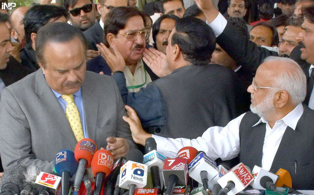 awami muslim league chief sheikh rashid ahmed tries to calm down pakistan awami tehreek leader khurram nawaz gandapur after a heated exchange of words broke out between the pat leader and pakistan tehreek e insaf spokesperson naeemul haq who is also visible in the picture on thursday november 3 2016 photo inp awami muslim league chief sheikh rashid ahmed tries to calm down pakistan awami tehreek leader khurram nawaz gandapur after a heated exchange of words broke out between the pat leader and pakistan tehreek e insaf spokesperson naeemul haq who is also visible in the picture on thursday november 3 2016 photo inp