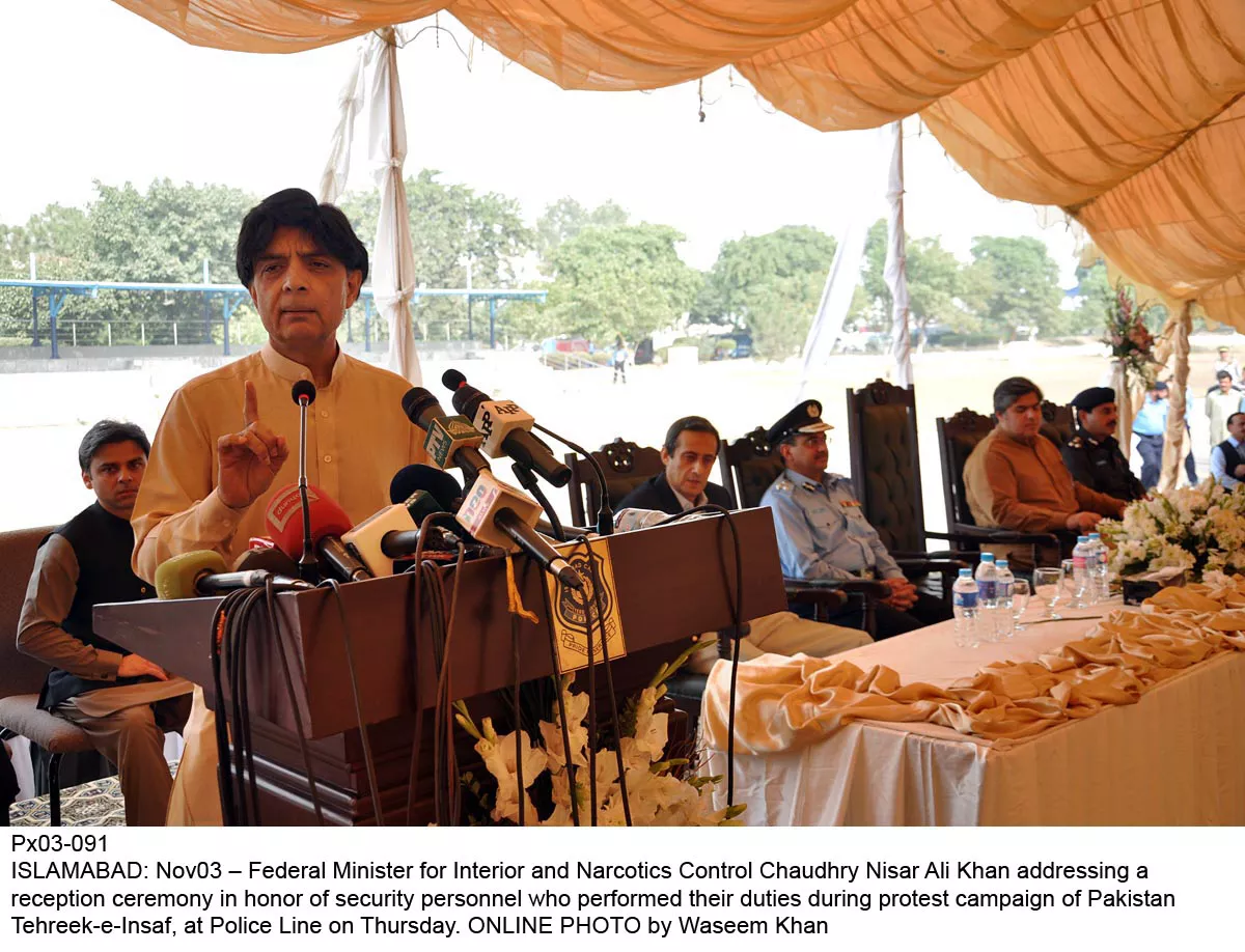 chaudhry nisar ali khan addressing a reception ceremony in honor of security personnel who performed their duties protest campaign of pti at police line photo online chaudhry nisar ali khan addressing a reception ceremony in honor of security personnel who performed their duties protest campaign of pti at police line photo online