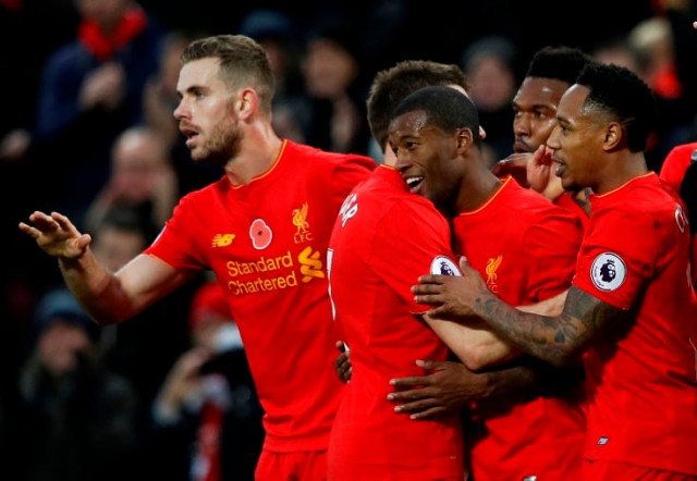 liverpool 039 s georginio wijnaldum celebrates scoring their sixth goal with team mates against watford on november 6 2016 photo reuters liverpool 039 s georginio wijnaldum celebrates scoring their sixth goal with team mates against watford on november 6 2016 photo reuters
